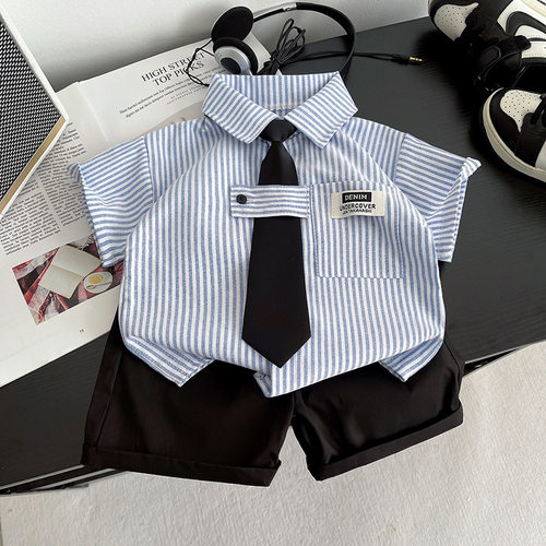 夏季男童2026新款条纹衬衣套装韩版短袖两件套休闲礼服男宝宝童装