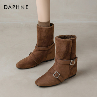达芙妮加绒尖头短靴女2025新款冬季复古百搭显瘦内增高靴子西部靴
