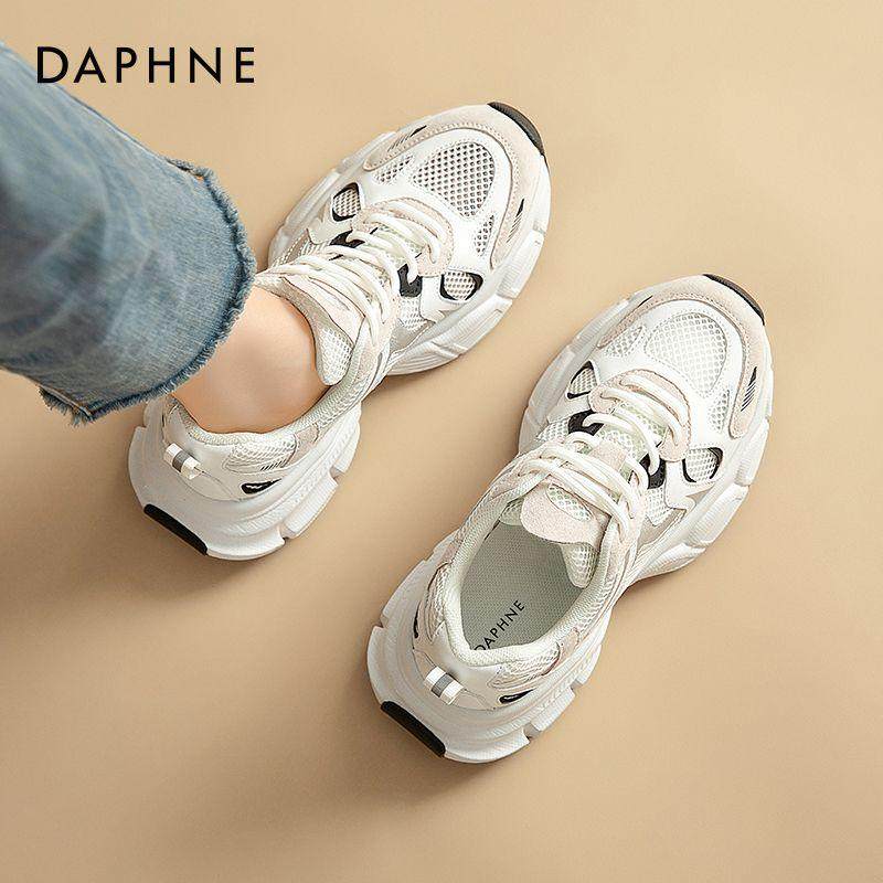 达芙妮白色网面老爹鞋女2025新款秋冬厚底休闲透气轻便运动小白鞋