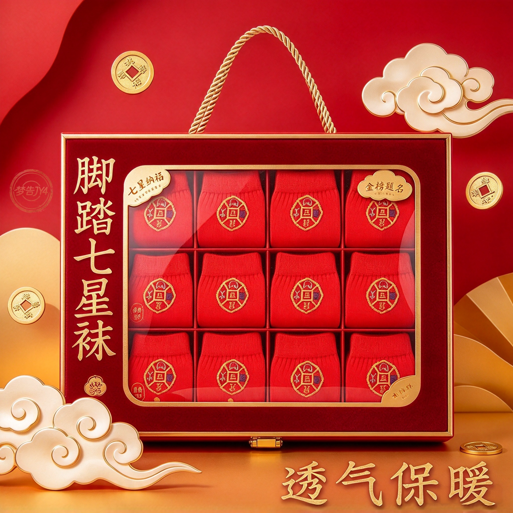 脚踏七星连珠本命年红纯棉袜子