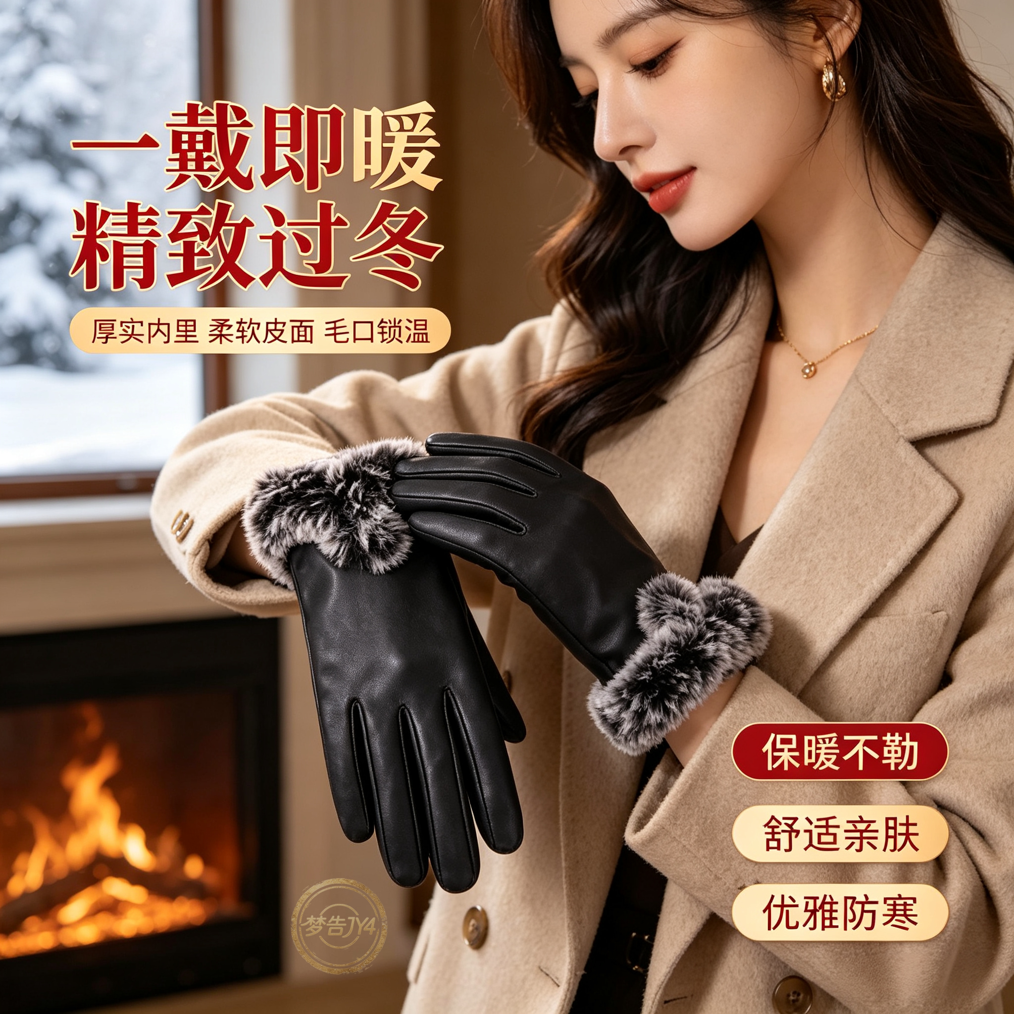 冬季女士加绒保暖触屏骑行手套