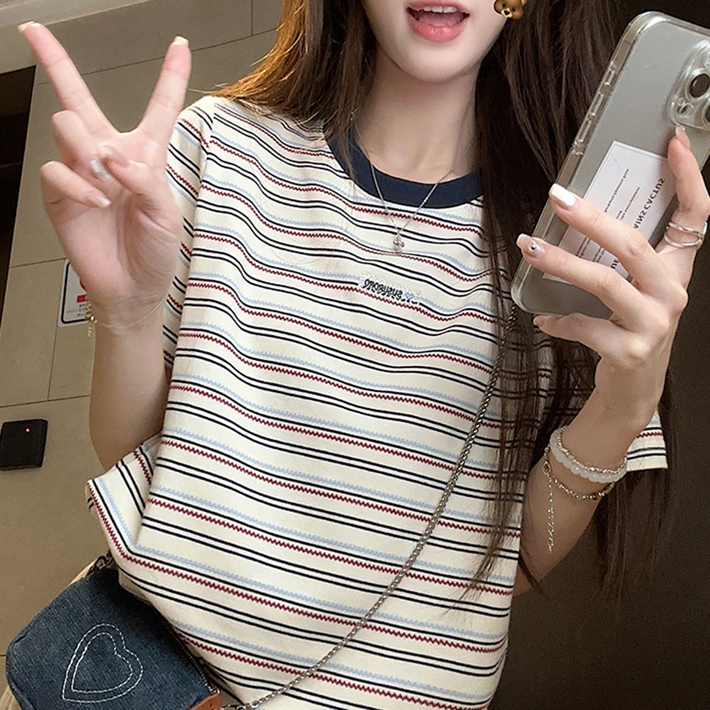 正肩条纹短袖t恤女夏季新款潮流百搭撞色打底衫宽松显瘦圆领上衣
