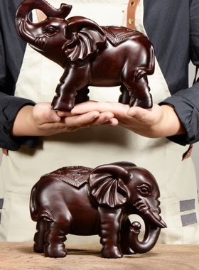 黑檀实木雕刻大象摆件木头根雕福财吉祥一对象创意家居装饰工艺品