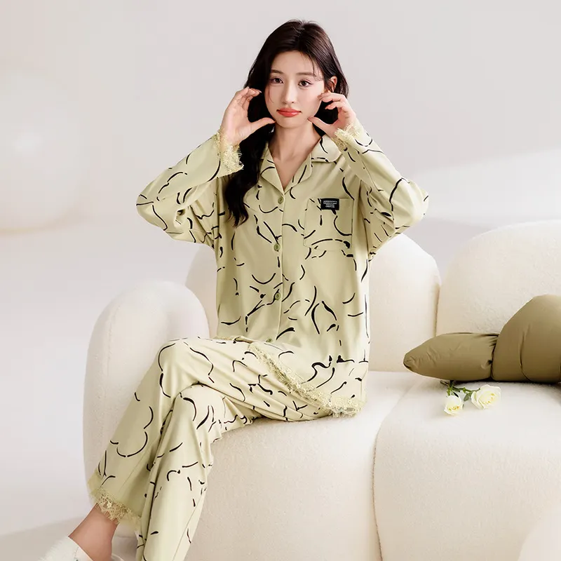 春秋季睡衣女翻领高档纯棉长袖简约时尚气质大码家居服套装可外穿