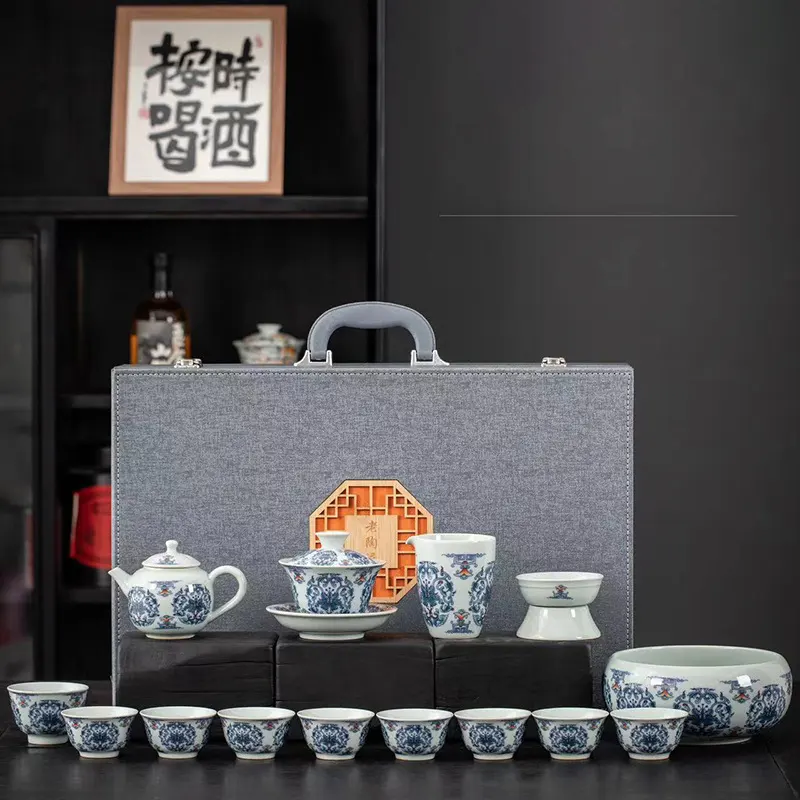 青花瓷老陶泥功夫茶具大套装办公室家用全套陶瓷商务礼品礼盒批发