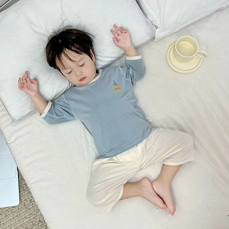 儿童家居服薄儿童睡衣男女宝宝夏季七分袖冰丝半袖分体套装