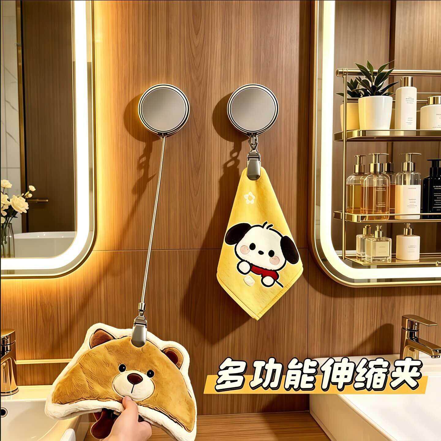 自动伸缩挂钩回弹毛巾夹免打孔儿童擦手巾易拉绳吊钩毛巾浴室挂扣