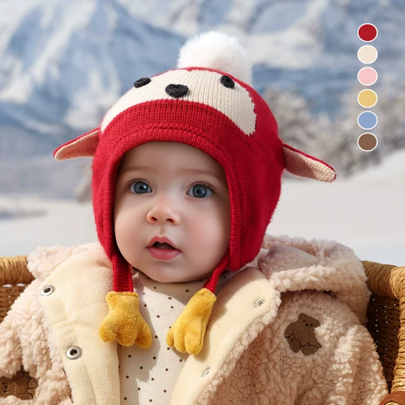 红色婴儿帽子秋冬季宝宝毛线帽女童针织帽男童护耳帽儿童套头保暖