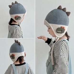 儿童帽子秋冬毛线帽男童卡通恐龙护耳帽女童宝宝保暖男孩针织帽薄