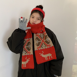 极速圣诞红色围巾女2021冬季新款针织百搭韩版学生保暖围脖男生日