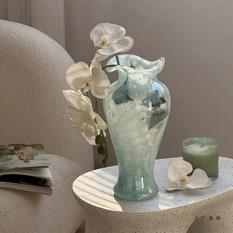 蓝色玻璃花瓶中式复古花瓶摆件客厅插花花器高级感电视柜软装饰品