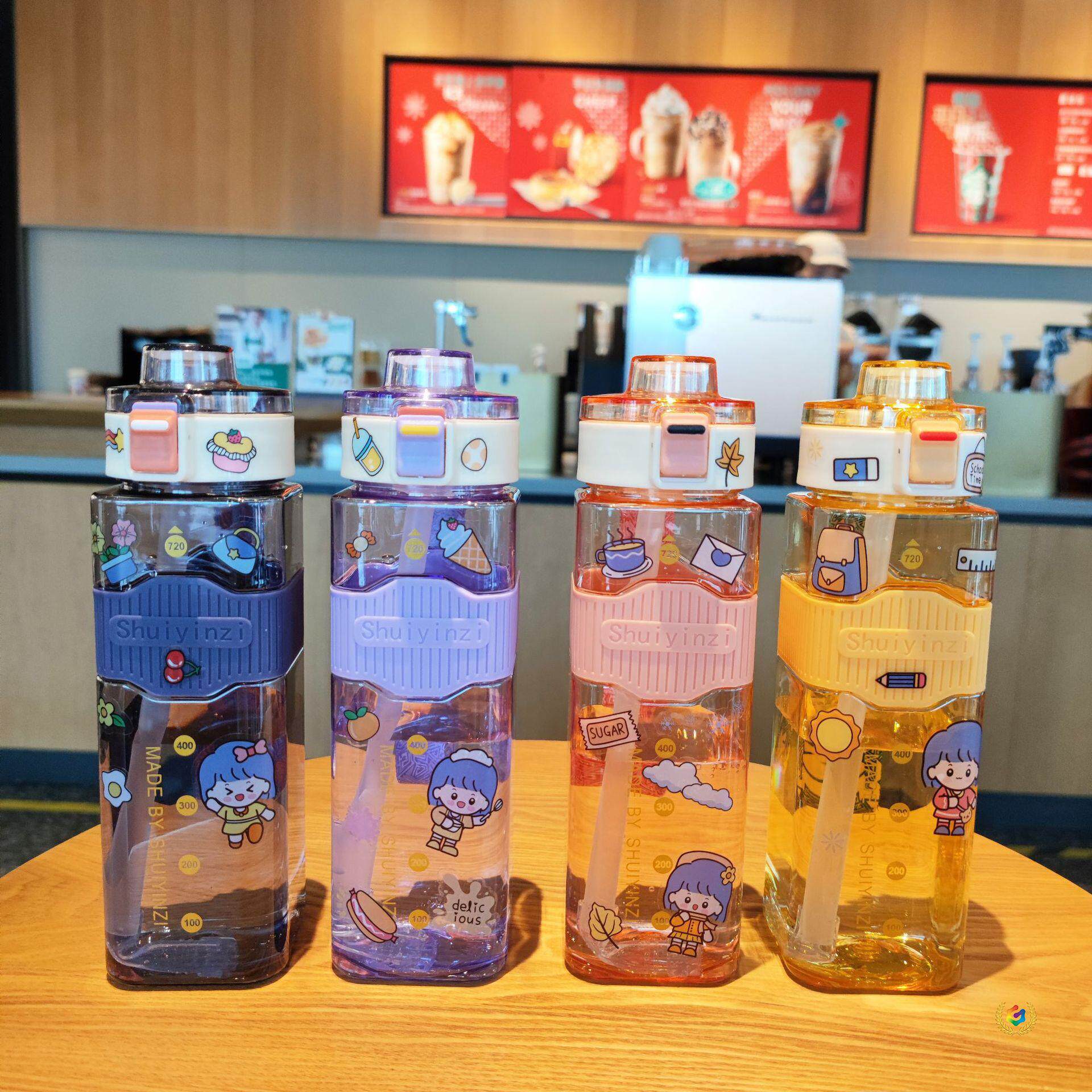 网红高颜值方形水瓶吸管塑料水杯便携提绳户外运动健身水壶