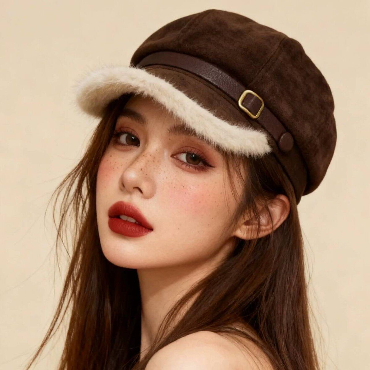 复古咖色毛绒PU皮拼接八角帽女秋冬保暖显脸小加绒保暖贝雷帽潮