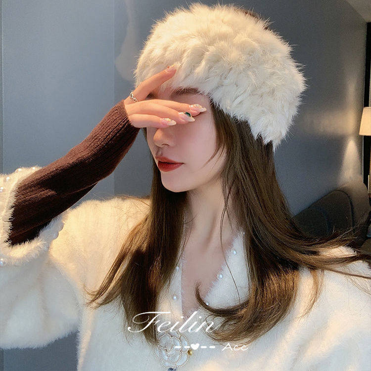 真兔毛发带女网红毛绒绒空顶皮草帽复古宽边保暖毛毛发带发箍头带