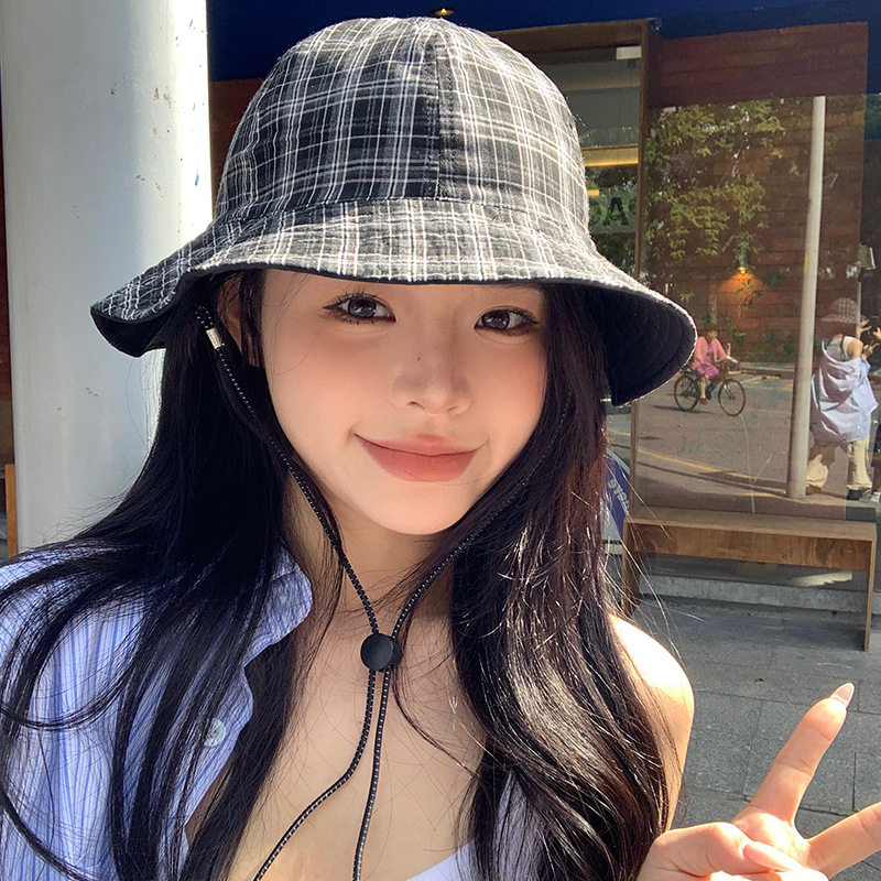韩版双面戴格纹渔夫帽男女复古文艺百搭春夏户外遮阳防晒轻薄速干
