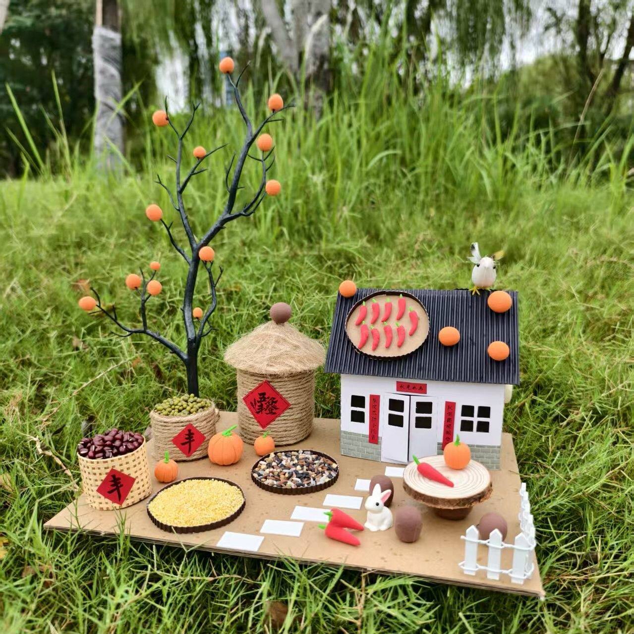 幼儿园亲子diy手工制作小屋房子材料包树枝废物利用粮仓秋天丰收