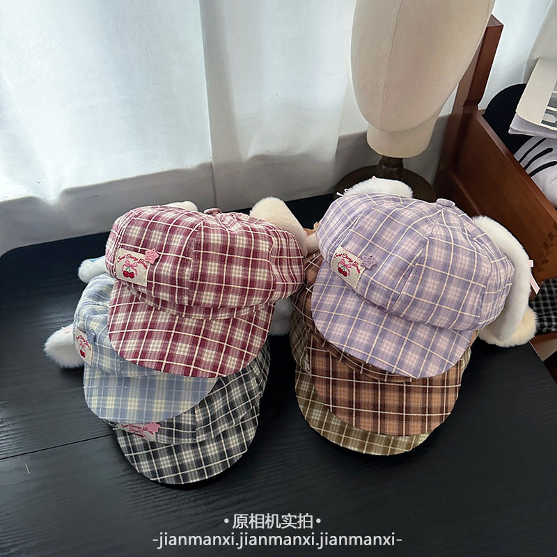 日系可爱兔耳朵格子贝雷帽清新蝴蝶结个性装饰显脸小大头围八角帽