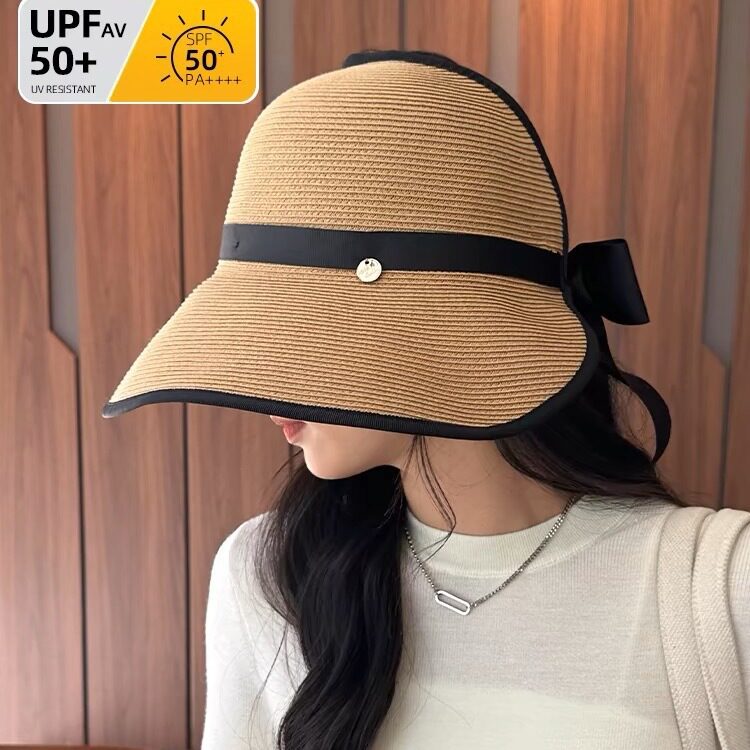 日本UV大檐蝴蝶结空顶草帽女夏季出游遮阳沙滩海边可折叠渔夫帽潮