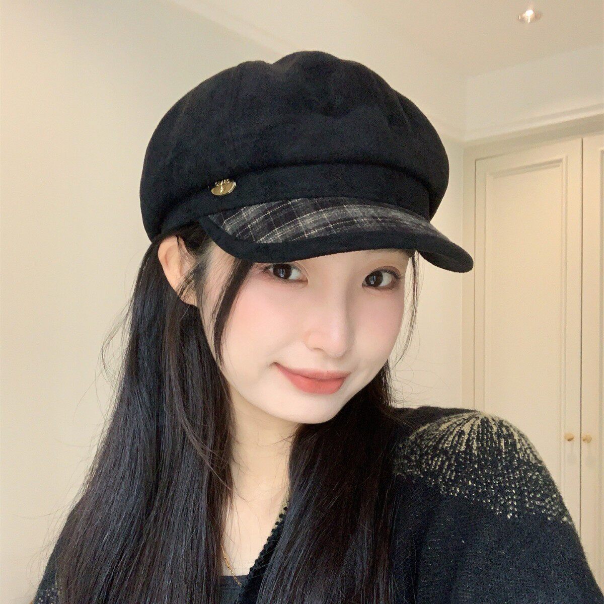 感麂皮绒格纹拼接贝雷帽女新款秋冬复古气质时尚显脸小八角帽