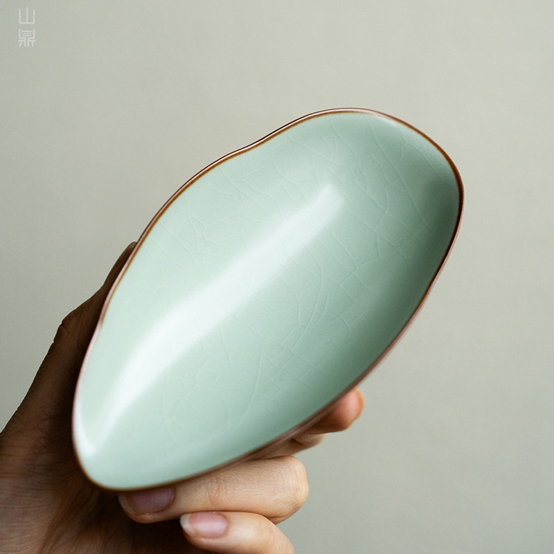 天青汝窑圆叶赏茶荷叶片茶则家用陶瓷茶拨功夫茶勺茶铲茶道零配件