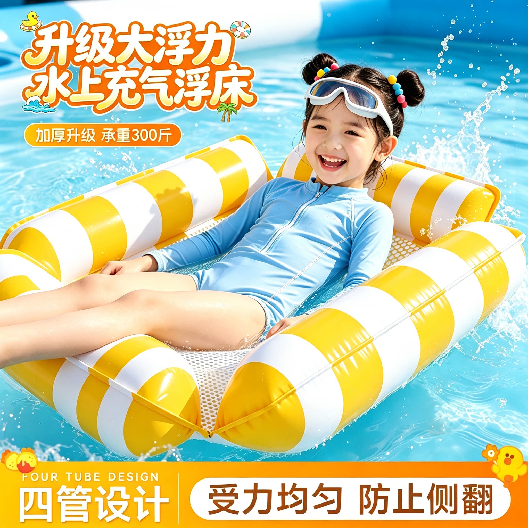 水上浮排游泳圈充气四管浮床儿童漂浮沙发玩水神器泳池浮台躺浮椅