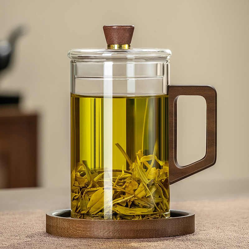 耐高温泡茶杯家用带把喝水杯大容量带盖男士透明茶杯办公室水杯