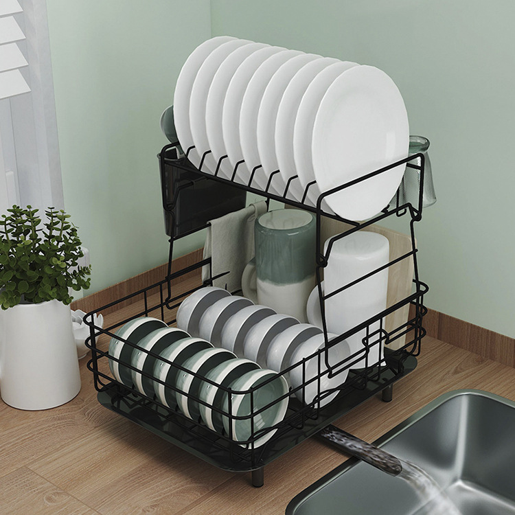 日式厨房家用碗碟架不锈钢沥水架金属置物架多功能折叠双层收纳架