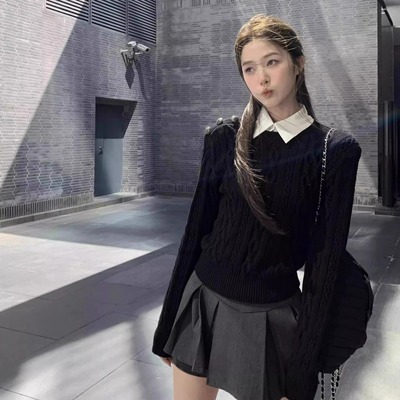 韩系假两件衬衫领毛衣女