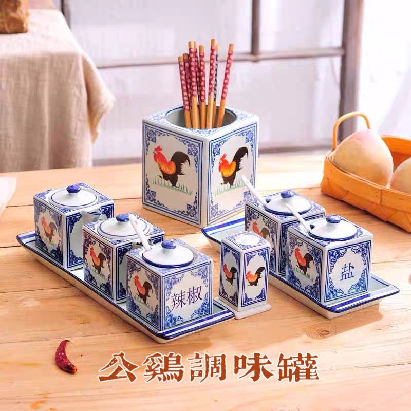 青花陶瓷鸡公调味瓶酱醋油壶牙签盒盐味精糖辣椒灌筷子筒餐馆套装