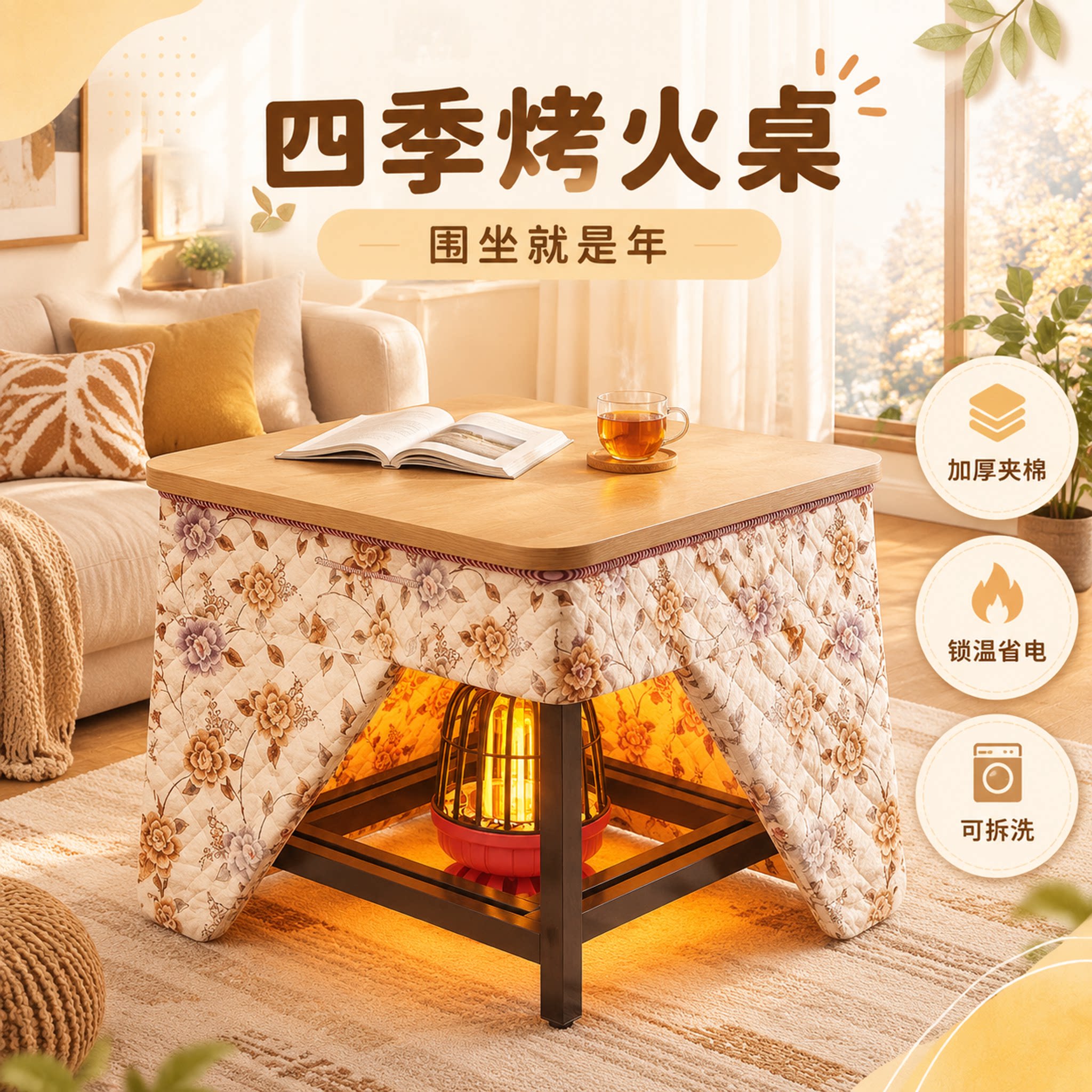 烤火桌新款家用冬天多功能烤火炉取暖桌冬季全套折叠正方形烤火架