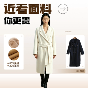 【801兔绒】经典双排扣长款兔绒大衣女冬季翻领外套羊毛-801兔绒