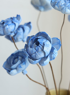 蓝色牡丹芍药莲花仿真花干花花束高级感真花民宿装饰通草花永生花