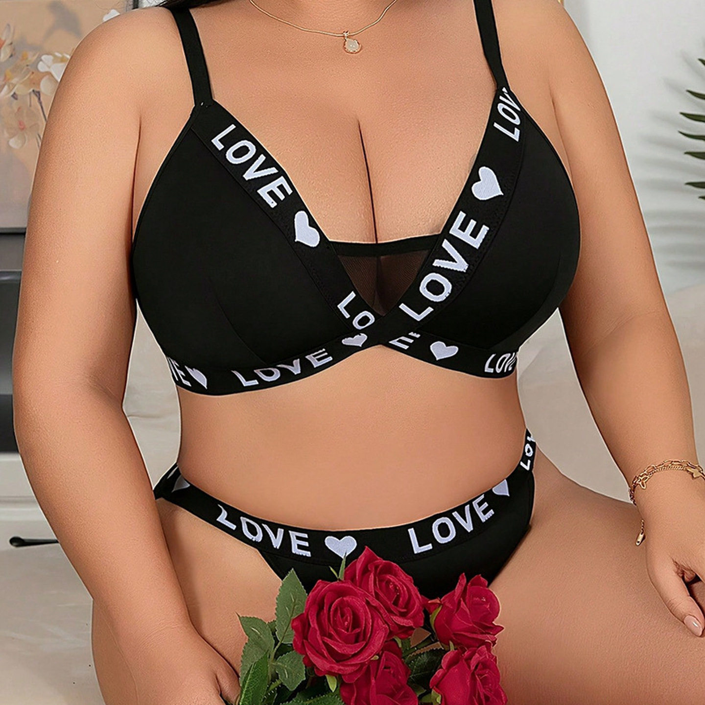 欧美字母印花LOVE织带大码内衣无钢圈三角杯文胸高腰内裤两件套