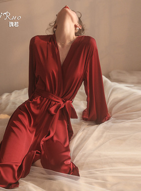 瑰若性感睡衣女秋冬魅力诱惑缎面休闲舒适系带长款外袍套装19960