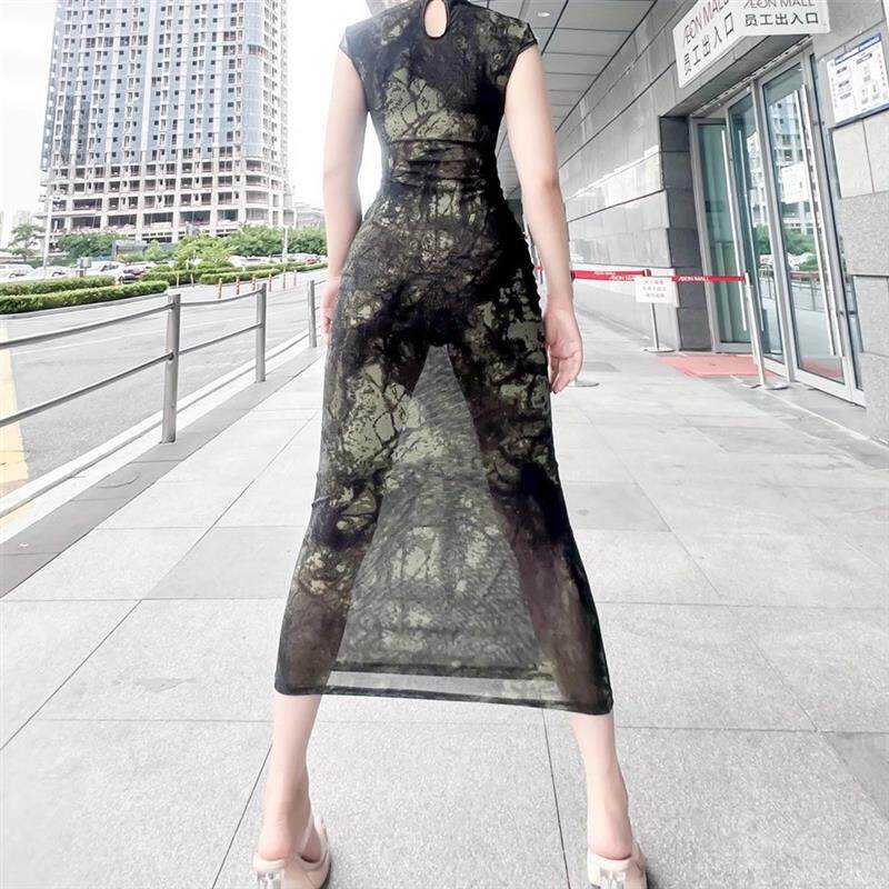 情趣旗袍诱惑连衣裙国风透明透视性感包臀长裙纯欲迷人修身裙露出