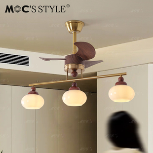 法式 复古茶室饭厅书房吊灯 中古风长条一字餐厅风扇灯胡桃木色美式