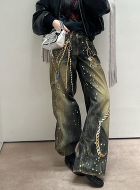 AC牛王26新品时代少年团同款黑金链条3D打印花错觉阔腿直筒牛仔裤