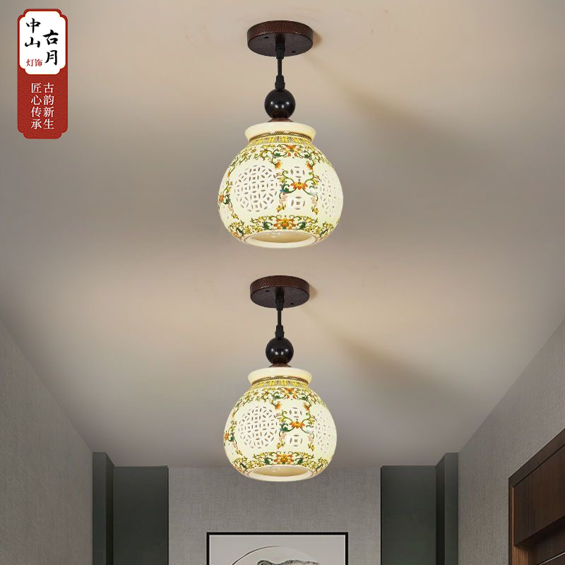现代新中式陶瓷吊灯仿古门厅玄关餐厅吊灯吧台复式楼梯走廊吊灯