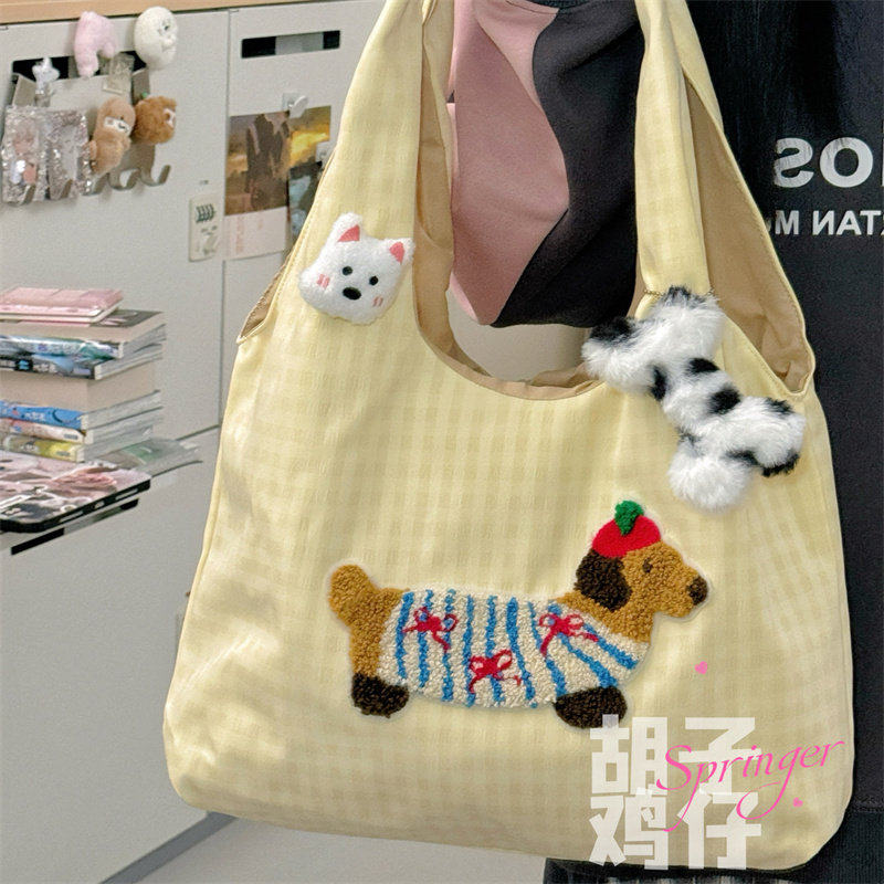 日系小狗单肩包 韩版少女手提包 大容量布质托特包 高颜值刺绣布