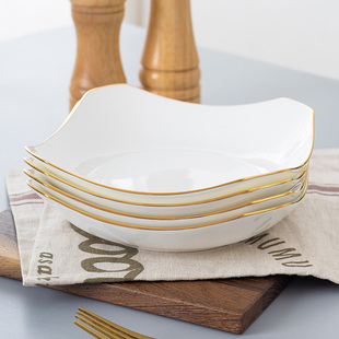 景德镇欧式 创意骨瓷方形盘子家用金边陶瓷盘子碟子餐盘汤盘多个装