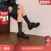 思加图冬季 J6926CM5 粗跟黑色女单鞋 英伦复古牛津鞋 小皮鞋