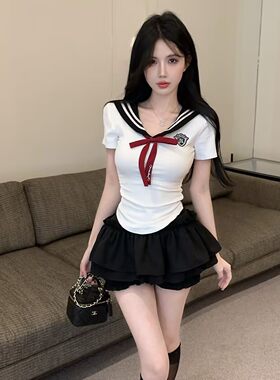 两件套学院风减龄海军领拼接上衣显瘦百搭蛋糕短裙辣妹JK套装