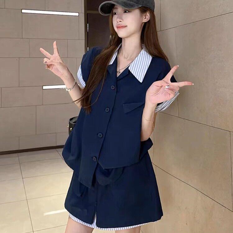 一整套复古运动套装女夏季宽松时尚假两件衬衫短袖短裙休闲两件式