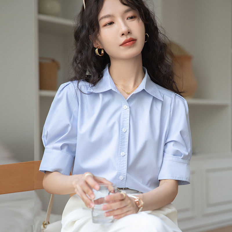 法式泡泡袖白色衬衫女短