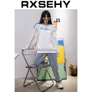 套头上衣bf 落肩袖 纯棉圆领印花卫衣男女同款 宽松休闲中性风情侣装