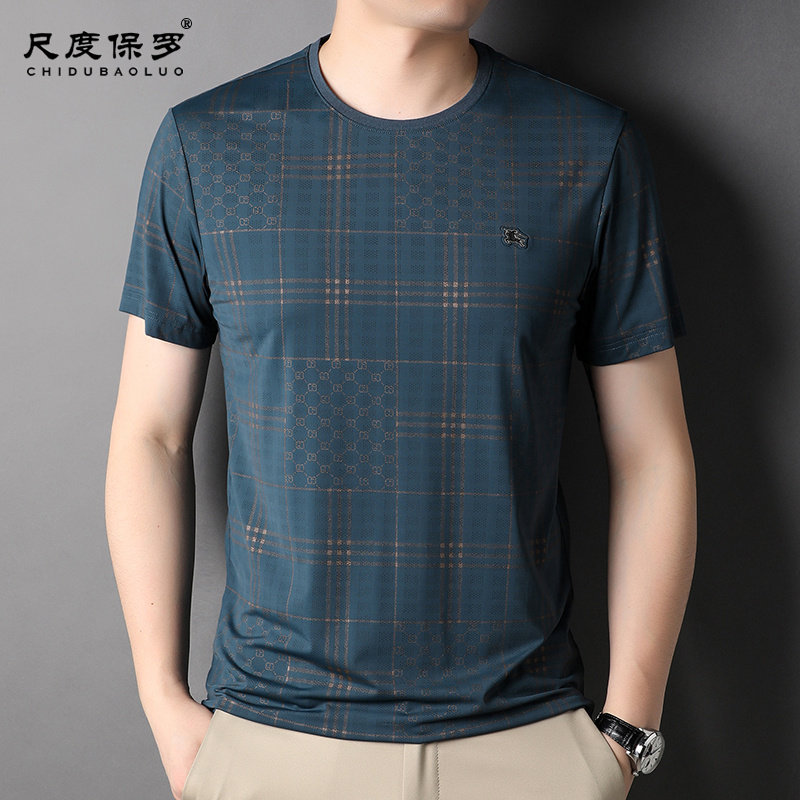 保罗夏季新款冰丝短袖t恤男士圆领上衣休闲中年汗衫宽松半袖体恤t