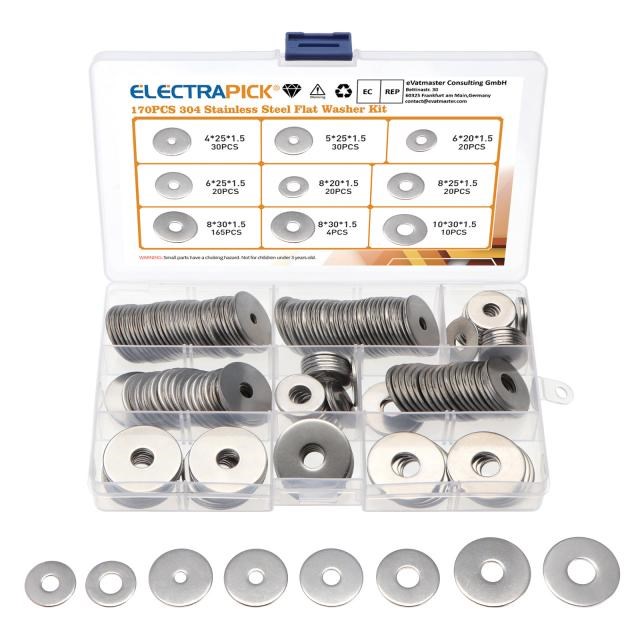 170Pcs 304 Stainless Steel Washer Plain Washer Kit Screw Fas