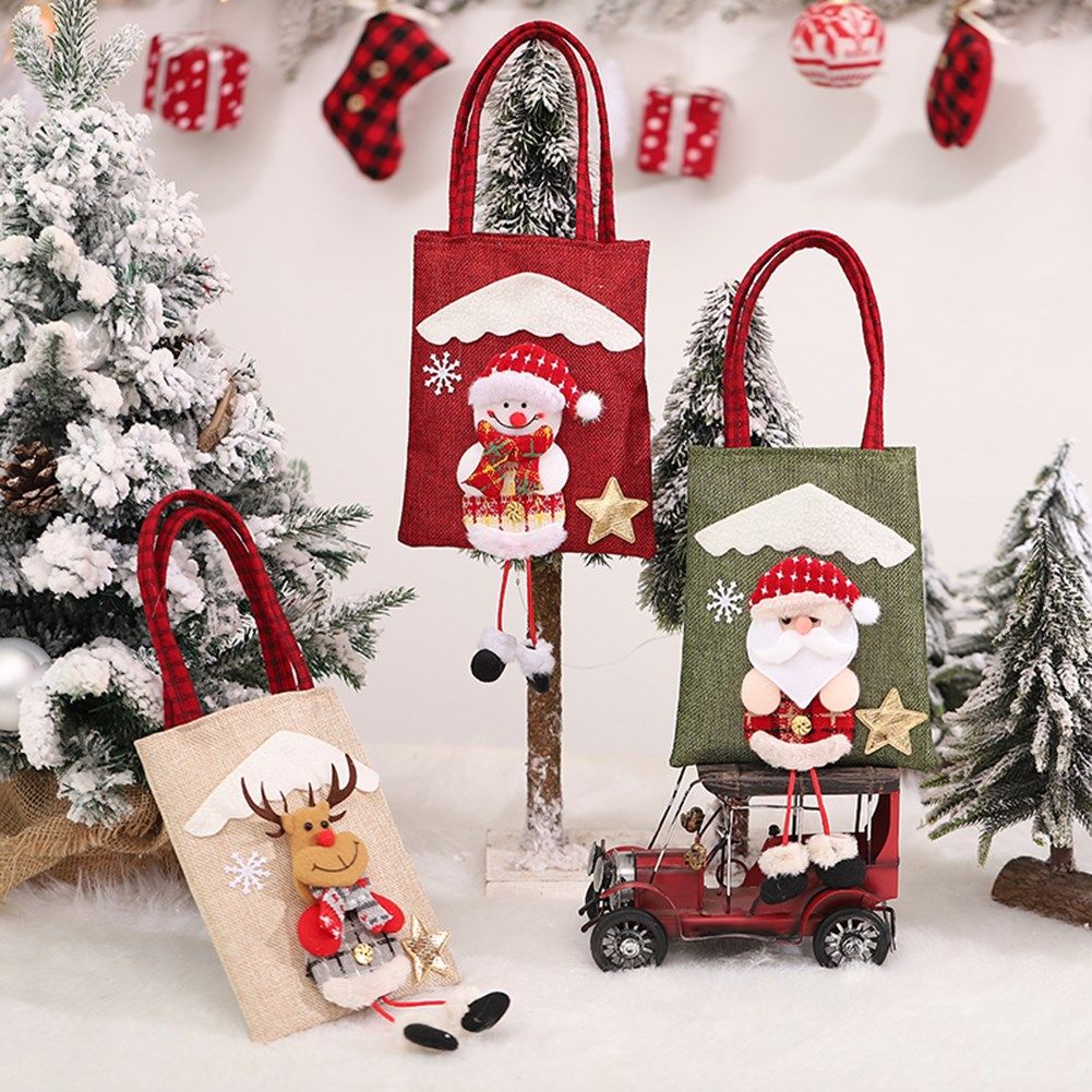 merry christmas linen bags santa claus old man elk deer gift