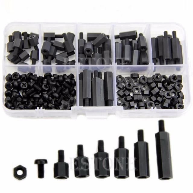 180Pcs/Set M3 Nylon Black Hex M-F Spacers/ Screws/ Nuts Asso