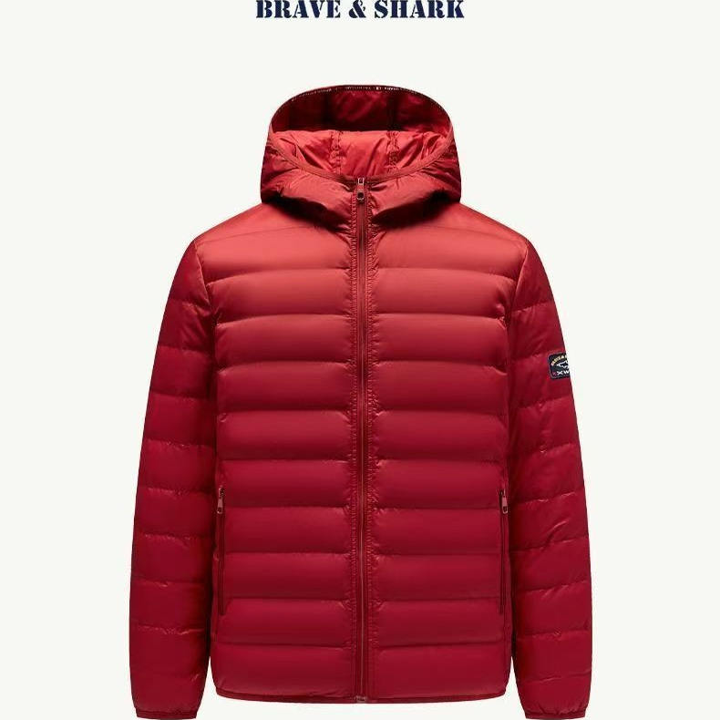 勇士鲨鱼男短款白鸭绒带帽羽绒服